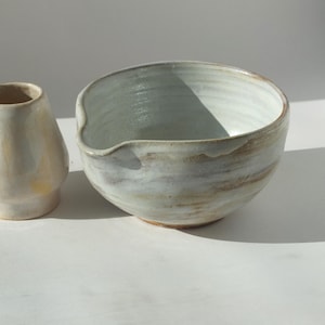 Handmade Ceramic Matcha Set: Pearl Glaze Bowl with Spout & Whisk Holder