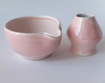 Matcha Set of small unique spouted Bowl Pink Chawan & Whisk holder