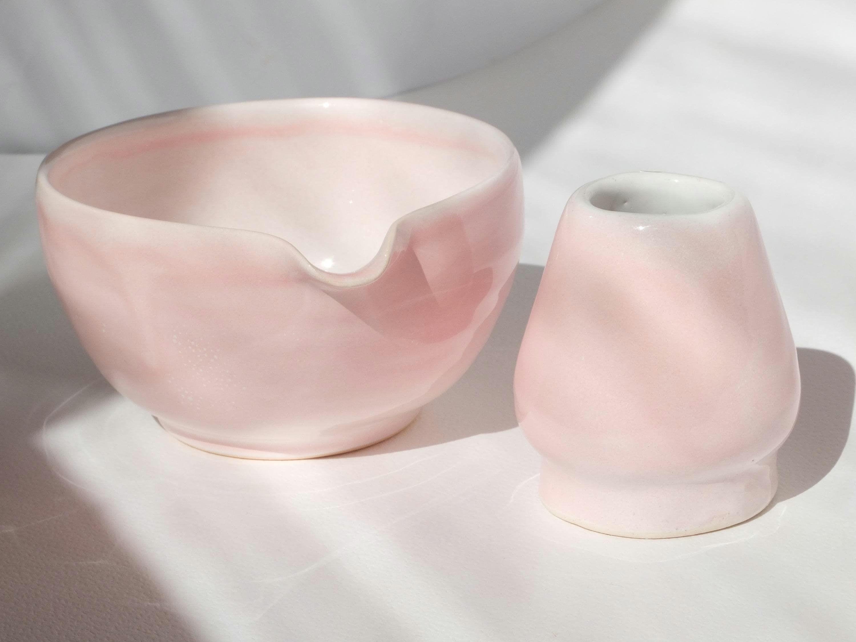 Matcha Set of small unique spouted Bowl Pink Chawan & Whisk holder