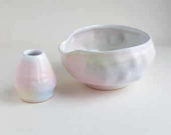 Matcha set Handmade pottery bowl, bubble Chawan with spout & Whisk holder