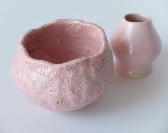 Matcha set wabi sabi pink Handmade ceramic bowl Chawan & Whisk holder