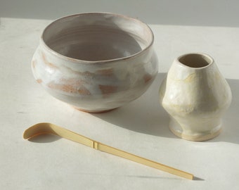 Matcha set Unique ceramic bowl Chawan & Whisk holder ancient influences