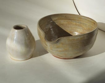 Matcha set, Handmade ceramic Wabi Sabi bowl, pearl Chawan with spout & Whisk holder