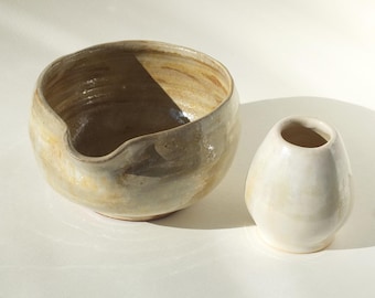 Matcha set, Handmade ceramic Wabi Sabi bowl, Chawan with spout & Whisk holder