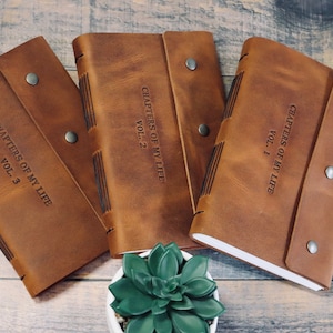 May include: Three brown leather journals with the text "Chapters of My Life" and volume numbers 1, 2, and 3. The journals are closed and have a rustic look.