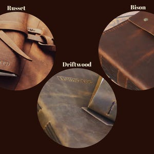 May include: Three leather-bound journals in different shades of brown. The first journal is labelled "Russet" and has the word "EDWARD" embossed on the cover. The second journal is labelled "Driftwood" and has the words "FISHING LOG" embossed on the cover. The third journal is labelled "Bison" and has a flap with a button closure.