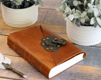 Sewn Leather Journal, Rustic Locking Diary, Watercolor Book, Premium Leather Bound Lock & Key Vintage Journal, Personalized Clasp Diary