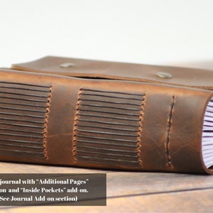 May include: A brown leather journal with stitched detailing and a stack of white pages. The text "This journal with "Additional Pages" add-on and "Inside Pockets" add-on. (See Journal Add-on section)" is visible at the bottom of the image.