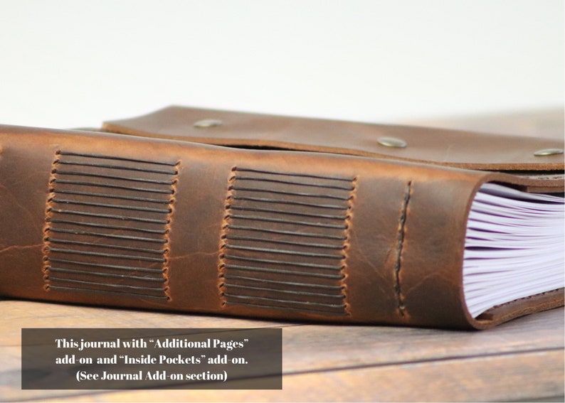May include: A brown leather journal with stitched detailing and a stack of white pages. The text "This journal with "Additional Pages" add-on and "Inside Pockets" add-on. (See Journal Add-on section)" is visible at the bottom of the image.