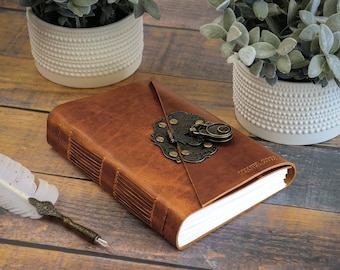 Sewn Leather Journal, Rustic Locking Diary, Watercolor Book, Premium Leather Bound Lock & Key Vintage Journal, Personalized Clasp Diary