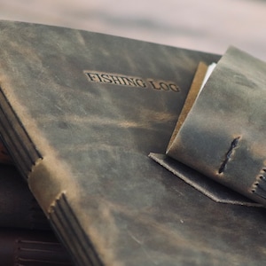 Leather Fishing Journal, Rustic Fisherman Log Book, Fathers Day Gift, Sewn Bound Full Grain Leather, Personalized Gift for Dad or Anglers