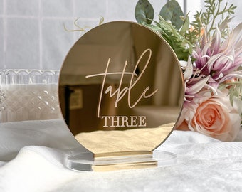 Round Mirror Table Number | Bridal Decor | Gold Mirror Acrylic Table Number Sign | Modern Acrylic Table Number | Wedding Table Number