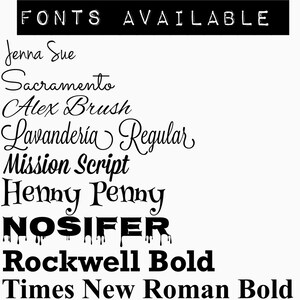 Może przedstawiać: Lista dostępnych czcionek, w tym Jenna Sue, Sacramento, Alex Brush, Lavander&iacute;a Regular, Mission Script, Henny Penny, NOSIFER, Rockwell Bold i Times New Roman Bold.