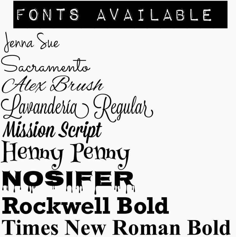 Może przedstawiać: Lista dostępnych czcionek, w tym Jenna Sue, Sacramento, Alex Brush, Lavander&iacute;a Regular, Mission Script, Henny Penny, NOSIFER, Rockwell Bold i Times New Roman Bold.