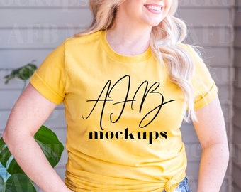 Bella Canvas 3001 Yellow Maize Mockup, Model Mockup 3001 Yellow Mais, Bella Canvas 3001 Yellow Mais, Lifestyle Mockup 3001, Yellow Maize