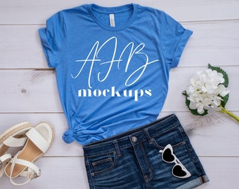 Bella Canvas 3001 Heather Columbia Blue , Bella Canvas 3001 Mockup, Bella 3001 Heather Columbia Blue, Spring Mockup, Bella 3001 Spring