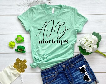 Bella Canvas 3001 Mockup Flat lay Heather Prism Mint, Bella Canvas Heather Prism Mint, Bella Canvas 3001 Heather Prism Mint, Spring Mockup