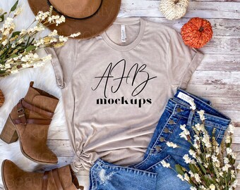 Bella Canvas 3001 Heather Tan Tshirt Flat lay Mockup, Bella Canvas 3001 Mockup, Bella 3001 Heather Tan, Fall Mockup, Bella 3001 Fall Shirt