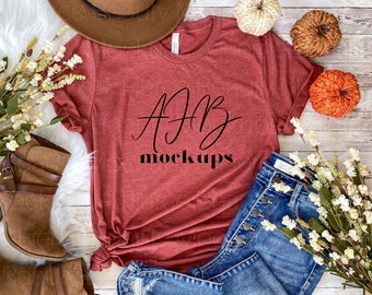 Bella Canvas 3001 Heather Clay Flat lay Tshirt Mockup, Bella Canvas 3001 Mockup, Bella 3001 Heather Clay, Fall Mockup, Bella 3001 Fall