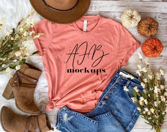 Bella Canvas 3001 Heather Sunset Mock Up Shirt, Flat Lay Bella Canvas 3001 Mockup, Bella 3001 Heather Sunset, Fall Mockup, Bella 3001 Fall