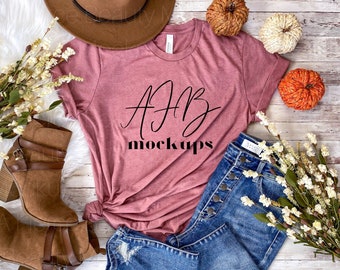 Bella Canvas 3001 Heather Mauve Flat lay Mockup, Bella Canvas 3001 Mockup, Bella 3001 Heather Mauve, Fall Mockup, Bella 3001 Fall