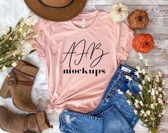 Bella Canvas 3001 Heather Peach Short Sleeve Mock Up, Bella Canvas 3001 Mockup, Bella 3001 Heather Peach, Fall Mockup, Bella 3001 Fall