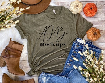 Bella Canvas 3001 Heather Olive maniche corte mock up, Bella Canvas 3001 Mockup, Bella 3001 Heather Olive, Fall Mockup, Bella 3001 Fall