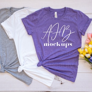 Bella Canvas 3001 Mockup Trio Shirts - Athletic Grey, White, Heather Team Purple, Spring Mockup, Bella 3001 Mockup Family, Bella Canvas 3001