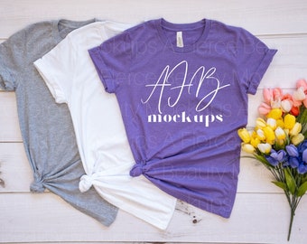Bella Canvas 3001 Mockup Trio Shirts - Athletic Grey, White, Heather Team Purple, Spring Mockup, Bella 3001 Mockup Family, Bella Canvas 3001