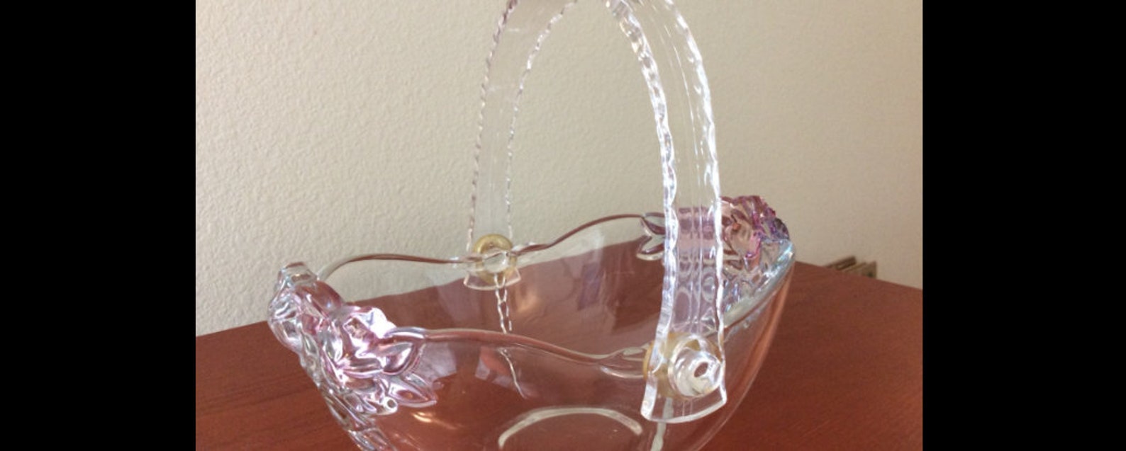 VINTAGE Glass Basket With Lucite Handle Roses Colored 1940s Etsy