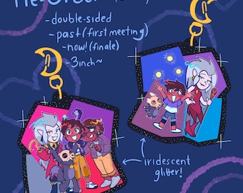 May include: Double-sided enamel pin featuring characters from the animated series The Owl House. The pin is 7.6 cm in diameter and has iridescent glitter. One side shows the characters Luz, Amity, and Gus, while the other side shows Luz, Amity, and Eda.