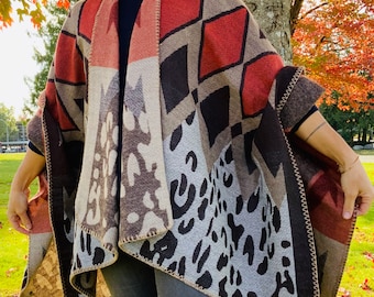 Presente para o Dia das Mães, poncho de inverno/outono, roupa boho feminina, xale boho, cardigã, capa feminina, poncho boho. Presente para ela.