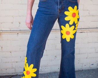 Vintage Hand Painted Denim Jeans With Red and Yellow Floral Design / High Waisted Jordache Flared Jeans, Small Size 3/4