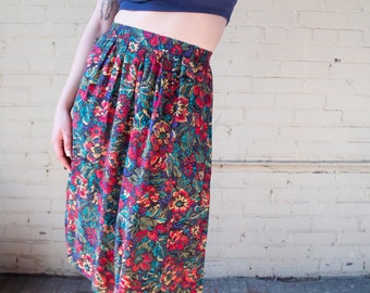 1980s Vintage Jewel Toned Floral Skirt / Pull on Fall Skirt, Size 6 Medium