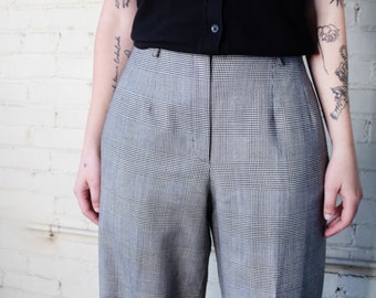 Vintage Wool Plaid Wide Leg Trousers / Black & White Checkered Pants Size 12