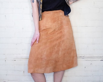 1970s Camel Suede A Line Skirt, Vintage High Waisted Tan Leather Skirt