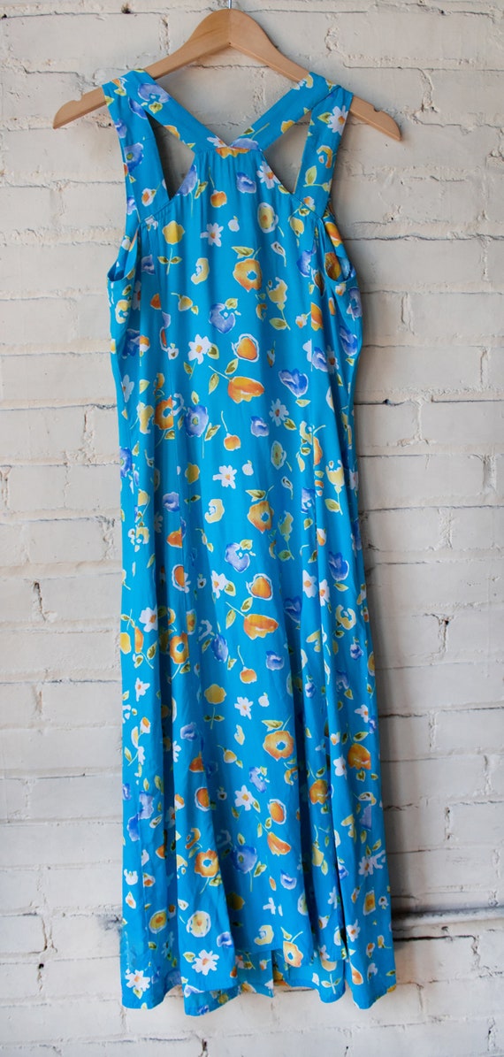 1990s Bright Blue Floral Dress, Fit and Flare Sun… - image 10