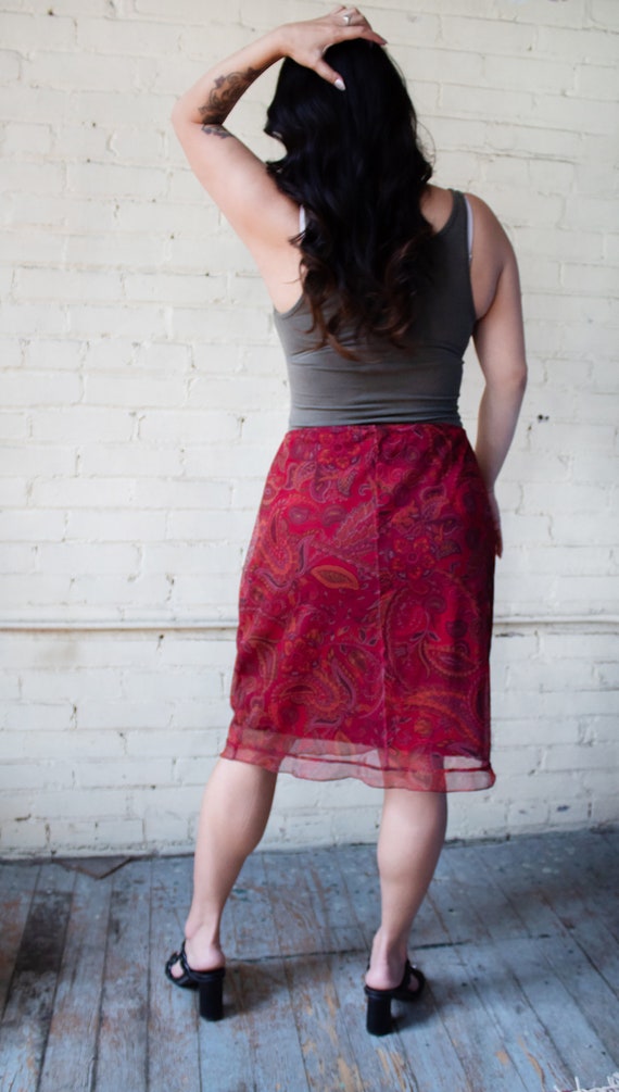 Red Paisley Skirt, Semi Sheer Knee Length Skirt, … - image 3