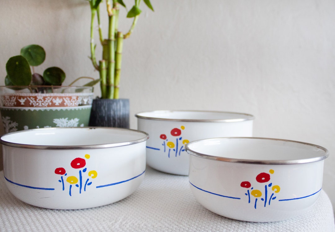 1970s Nesting Bowls, Floral Kitchen Bowls, Vintage Bowl Set, Metal ...