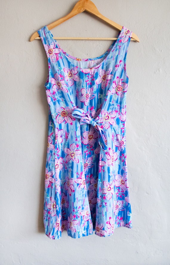 1990s Sundress Small / Blue and Pink Hawaiian Dre… - image 3