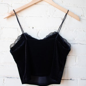 Y2K Velvet Tank, Black Strappy Crop, Spaghetti Strap Top, Vintage Tank Top with Lace Trim, Sweetheart Neckline Shirt, 90s Summer image 6