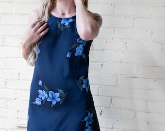 Y2K Floral Mini Dress by Joni Michaels - Blue Duotone Print - Vintage Early 2000s Crewneck Above Knee Dress - Size 5/6 Y2K Floral Mini Dress by Joni Michaels - Blue Duotone Print - Vintage Early 2000s Crewneck Above Knee Dress - Size 5/6