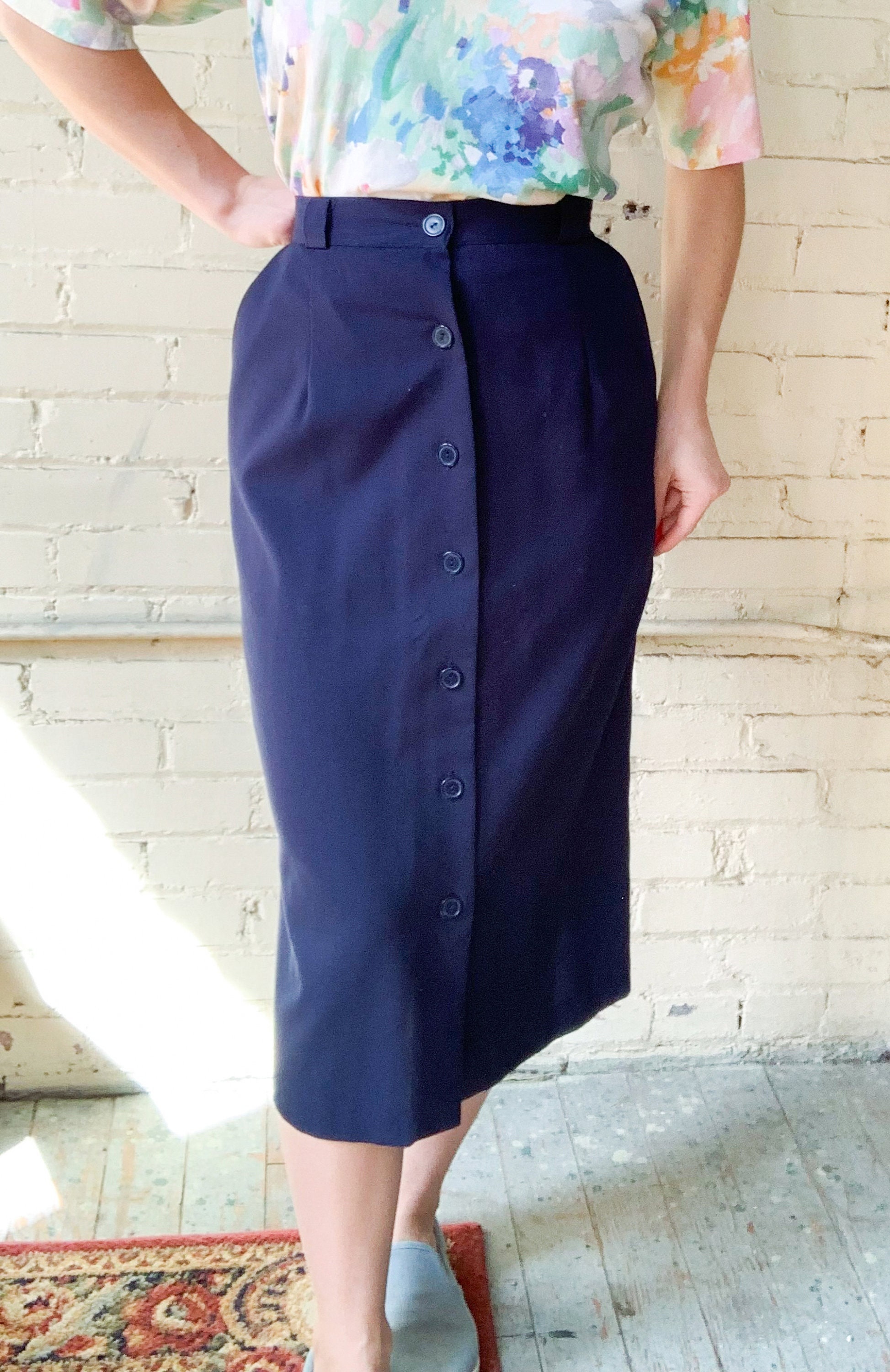 70s Straight Skirt Navy Blue Skirt Button up Skirt Mid Length