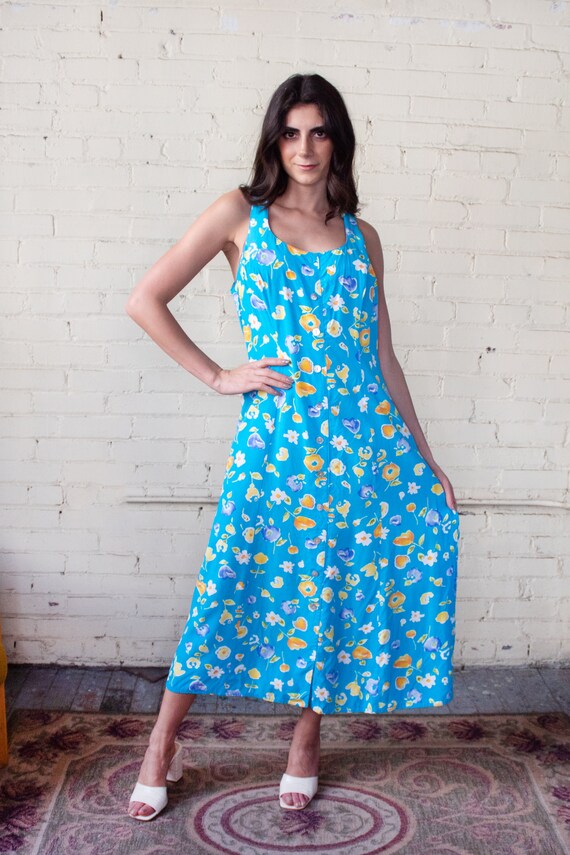 1990s Bright Blue Floral Dress, Fit and Flare Sun… - image 1