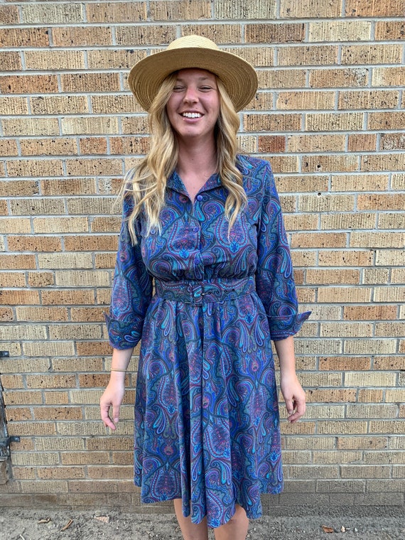 1970s Paisley Print Button Down Dress, Purple and