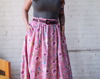 Vintage Floral Skirt, 90s A Line Skirt, Midi Length Elastic Waist Skirt, Casual Daytime Skirt with Pockets, Size Large