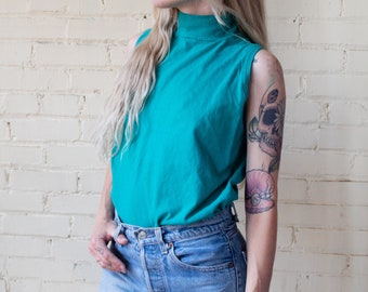 Teal Mock Neck Cotton Tank, 90s Solid Tank Top, Vintage Summer Top, Turquoise Tank Top, Womens Unisex