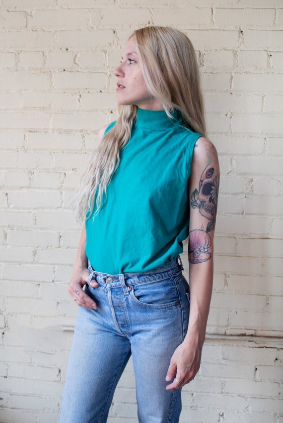 Teal Mock Neck Cotton Tank, 90s Solid Tank Top, Vi