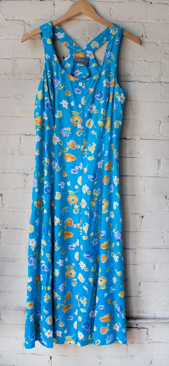 1990s Bright Blue Floral Dress, Fit and Flare Sun… - image 3