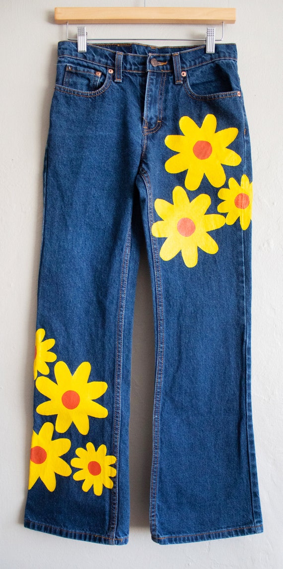 Vintage Hand Painted Denim Jeans With Red and Yel… - image 2